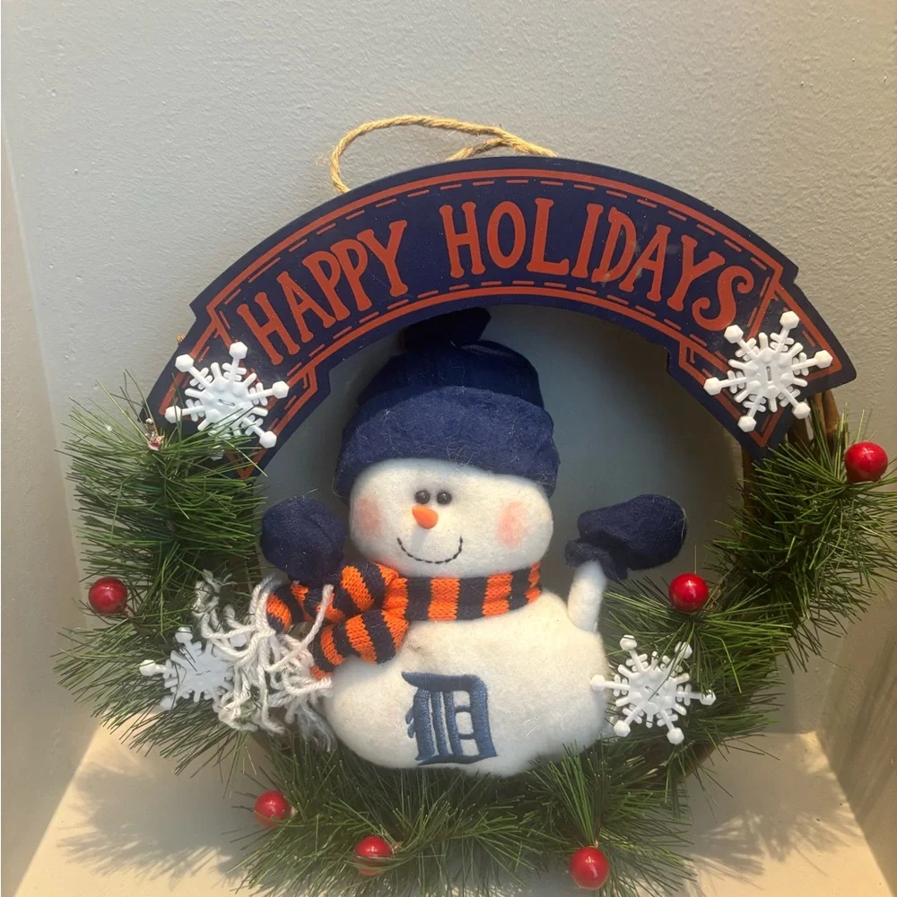 Detroit Tigers 12” Christmas Festive Snowman Holiday Wreath - Blue/ Orange MLB